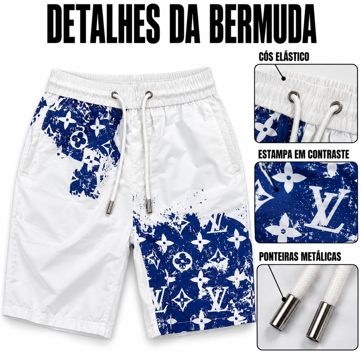 Bermuda Louis Vuitton Estampa Monogram - Branco / Azul - foto 5